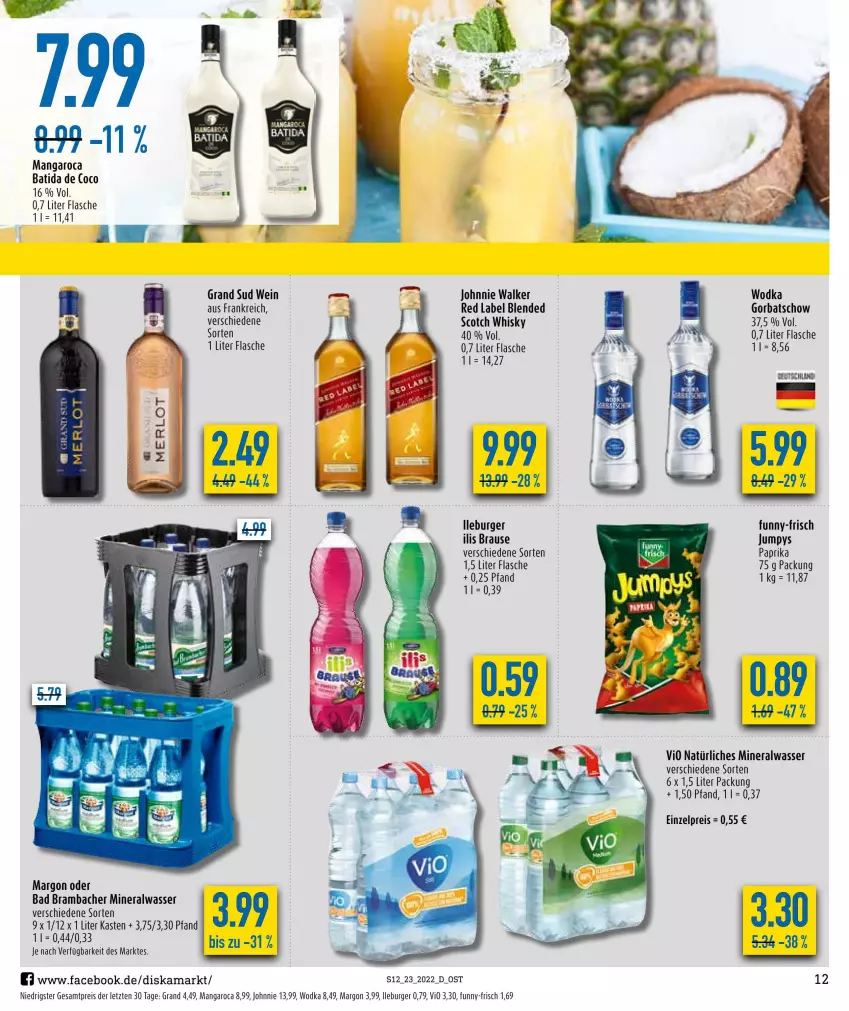 Aktueller Prospekt Diska - Prospekte - von 07.06 bis 11.06.2022 - strona 12 - produkty: Alwa, Bad, batida, brause, burger, eis, flasche, funny-frisch, Gorbatschow, grand sud, johnnie walker, mangaroca, mineralwasser, natürliches mineralwasser, paprika, reis, scotch, scotch whisky, Ti, wasser, wein, whisky, wodka, ZTE