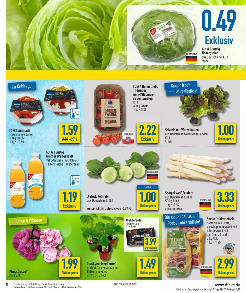 Aktueller Prospekt Diska - Prospekte - von 07.06 bis 11.06.2022 - strona 5 - produkty: aktionspreis, antipasti, asti, ball, Bau, Becher, burger, deka, eis, eisbergsalat, erde, fisch, flasche, fleisch, frucht, fruchtfleisch, Frühkartoffeln, kartoffel, kartoffeln, kohlrabi, orange, orangen, orangensaft, pflanze, pflaume, pflaumen, reis, ring, rispentomaten, sac, saft, salat, Schal, Schale, snack, spargel, speisefrühkartoffeln, Ti, tomate, tomaten, topf, ZTE