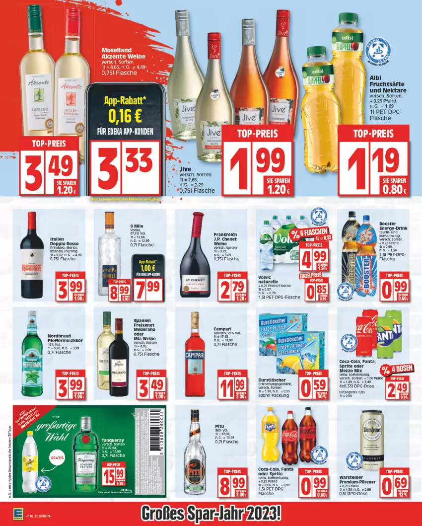 Aktueller Prospekt Edeka - Angebote der Woche - von 17.04 bis 22.04.2023 - strona 12 - produkty: campari, coca-cola, cola, deka, drink, durstlöscher, eis, elle, erfrischungsgetränk, fanta, fanta oder, fanta oder sprite, flasche, frucht, fruchtsäfte, getränk, likör, merl, merlot, Mezzo Mix, natur, Nektar, nordbrand, oder sprite, pfeffer, pfefferminzlikör, pils, pilsener, primitivo, reis, rel, säfte, sprite, steiner, Ti, warsteiner, wein, weine, ZTE