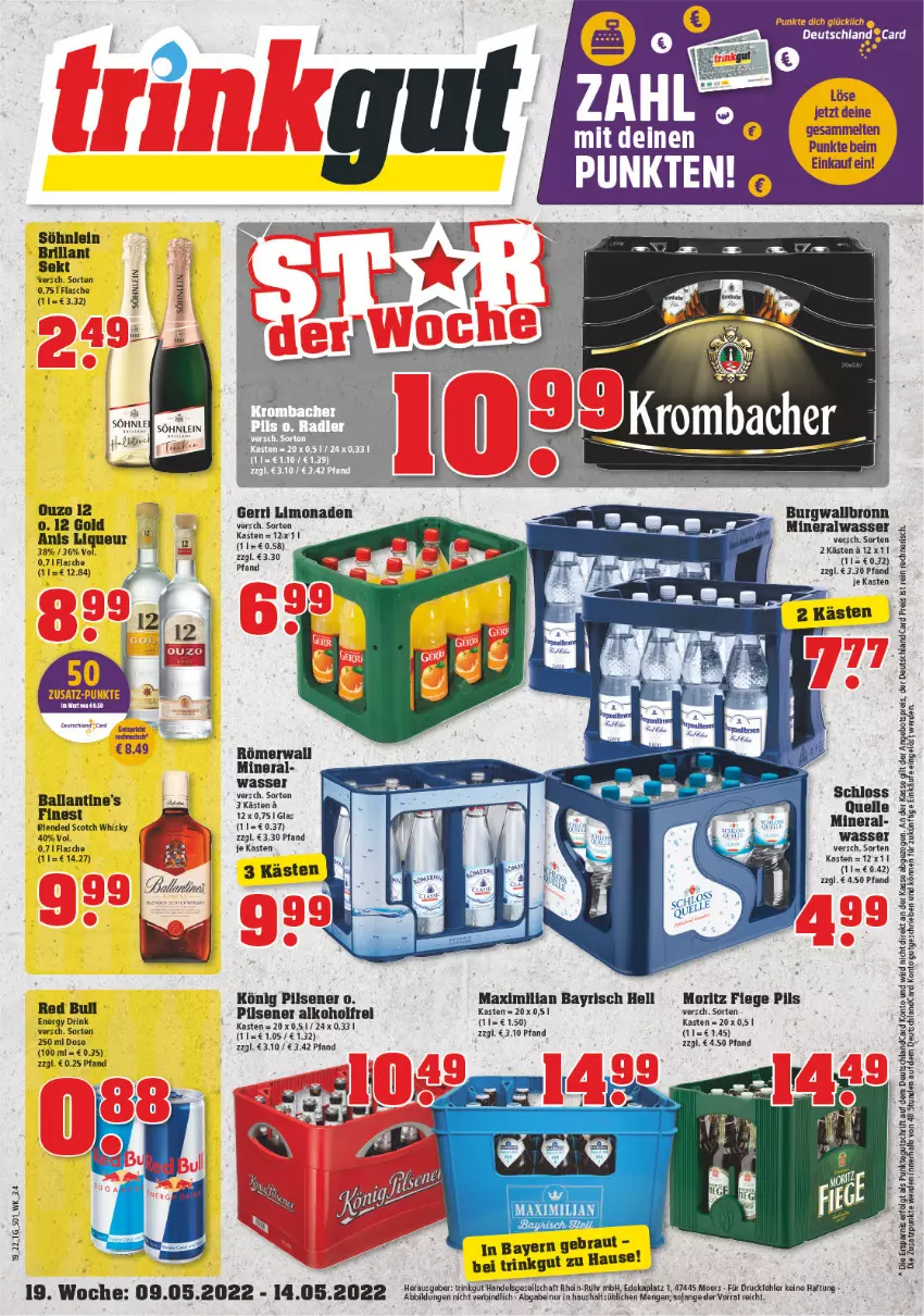 Aktueller Prospekt Trinkgut - von 09.05 bis 14.05.2022 - strona 1 - produkty: alkohol, Alwa, angebot, angebotspreis, ball, blended scotch, blended scotch whisky, brillant sekt, burgwallbronn, deka, deutschlandcard, drink, eis, elle, energy drink, erde, flasche, könig pilsener, LG, limo, limonade, limonaden, liqueur, mineralwasser, ouzo, ouzo 12, pils, pilsener, reis, scotch, scotch whisky, sekt, söhnlein, söhnlein brillant, tee, Ti, uhr, wasser, whisky