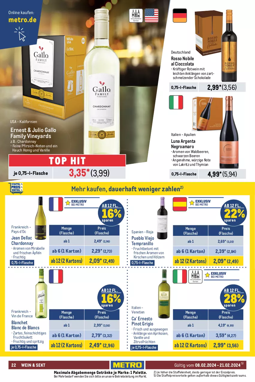 Aktueller Prospekt Metro - GastroJournal - von 08.02 bis 21.02.2024 - strona 22 - produkty: amaro, aperitif, aprikose, aprikosen, asti, auer, beere, beeren, brut, Cava, chardonnay, cin, cinzano, Cinzano Asti, cola, de blancs, dell, ecco, eis, elle, ente, ernesto, flasche, freixenet, frizzante, frucht, früchte, früchten, gallo, gallo family, getränk, getränke, honig, honigmelone, kirsch, kirsche, kirschen, La Gioiosa, Lakritz, melone, Metro, mionetto, mit frucht, mumm, Palette, perla, perlen, pfirsich, Pinot, pinot grigio, preisvorteil, prosecco, reis, ring, rioja, rotwein, schoko, schokolade, sekt, tempranillo, Ti, vanille, vin de france, wein