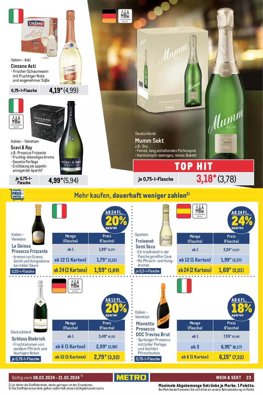 Aktueller Prospekt Metro - GastroJournal - von 08.02 bis 21.02.2024 - strona 23 - produkty: amaro, aperitif, aprikose, aprikosen, asti, auer, beere, beeren, brut, Cava, chardonnay, cin, cinzano, Cinzano Asti, cola, de blancs, dell, ecco, eis, elle, ente, ernesto, flasche, freixenet, frizzante, frucht, früchte, früchten, gallo, gallo family, getränk, getränke, honig, honigmelone, kirsch, kirsche, kirschen, La Gioiosa, Lakritz, melone, Metro, mionetto, mit frucht, mumm, Palette, perla, perlen, pfirsich, Pinot, pinot grigio, preisvorteil, prosecco, reis, ring, rioja, rotwein, schoko, schokolade, sekt, tempranillo, Ti, vanille, vin de france, wein