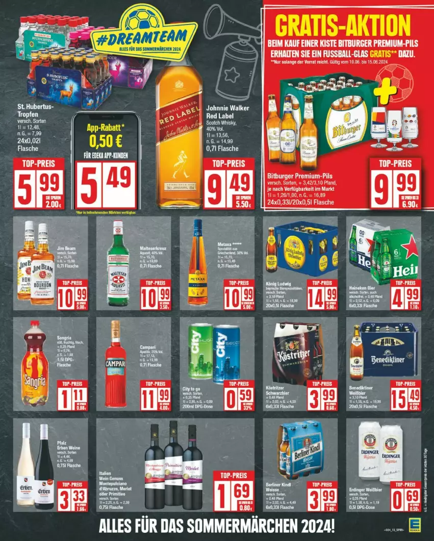 Aktueller Prospekt Edeka - Prospekte - von 10.06 bis 15.06.2024 - strona 13 - produkty: ball, bier, bitburger, burger, eier, eis, erdinger, flasche, köstritzer, monte, Montepulciano, pils, reis, tee, Ti, top-preis