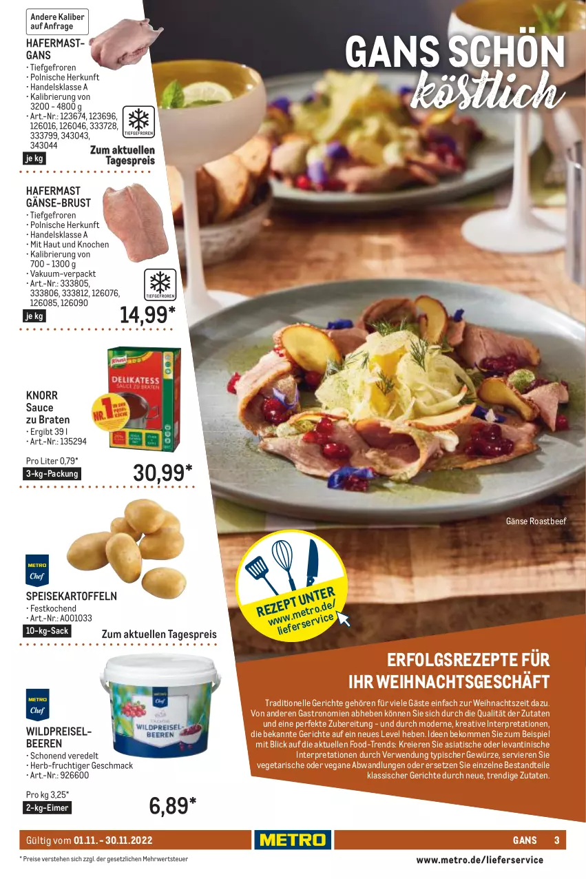 Aktueller Prospekt Metro - Lieferservice Aktuell - von 01.11 bis 30.11.2022 - strona 3 - produkty: beef, beere, beeren, beko, braten, brie, eier, eimer, eis, elle, frucht, gewürz, hafer, kartoffel, kartoffeln, knorr, LG, lieferservice, mac, Metro, Mode, reis, rezept, rezepte, roastbeef, rwe, sac, sauce, speisekartoffeln, Ti, tisch, Vegeta, Wild