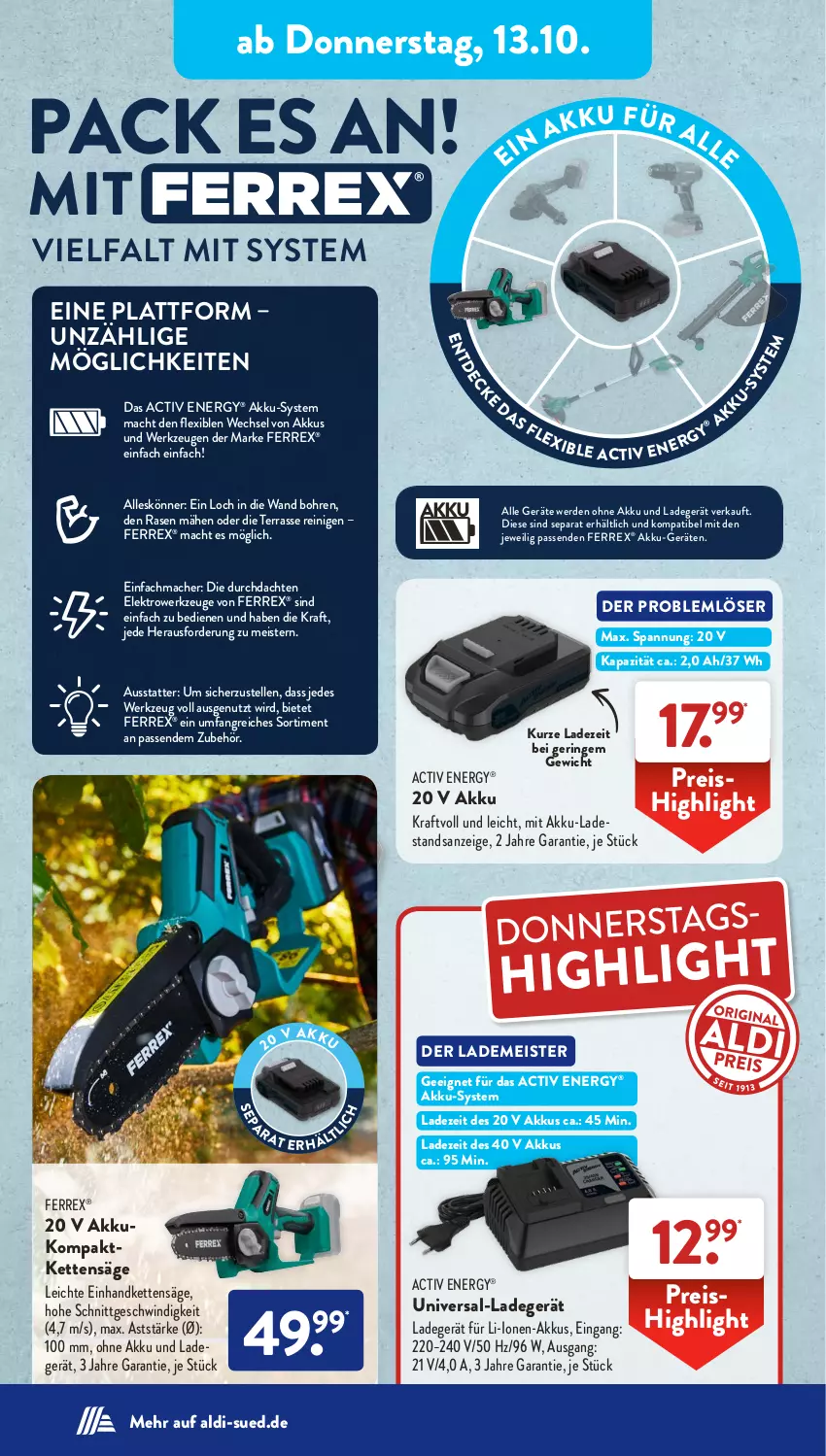 Aktueller Prospekt AldiSud - IN ZWEI WOCHEN - von 10.10 bis 15.10.2022 - strona 10 - produkty: akku, aldi, eis, Elektro, elle, erde, ferrex, Kette, kraft, ladegerät, mac, Meister, ndk, ohne akku und ladegerät, rasen, reis, ring, säge, Ti, werkzeug, werkzeuge