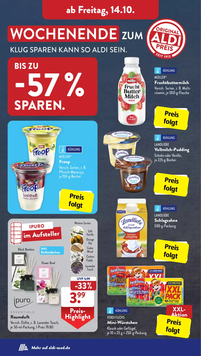 Aktueller Prospekt AldiSud - IN ZWEI WOCHEN - von 10.10 bis 15.10.2022 - strona 20 - produkty: aldi, bamboo, Becher, butter, buttermilch, eis, elle, ferdi fuchs, flasche, froop, frucht, Geflügel, Ipuro, lack, landliebe, LG, maracuja, milch, Mini-Würstchen, Müller, orange, pfirsich, pudding, Raumduft, reis, sahne, schlagsahne, schoko, teller, Ti, vanille, vita, vollmilch, würstchen