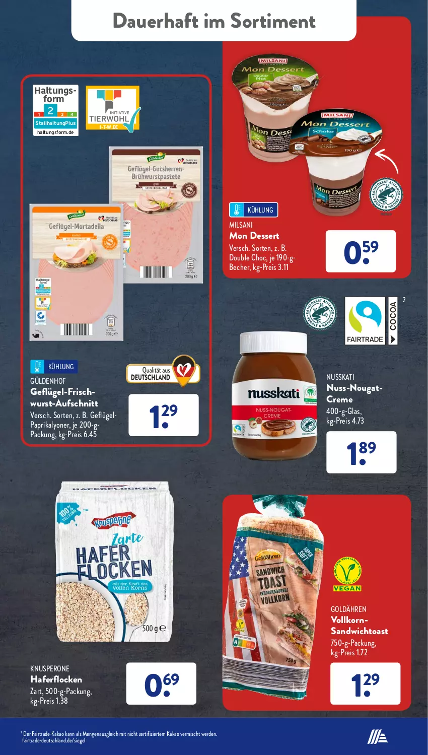 Aktueller Prospekt AldiSud - IN ZWEI WOCHEN - von 10.10 bis 15.10.2022 - strona 33 - produkty: auer, aufschnitt, Becher, creme, dessert, eis, erde, frischwurst-aufschnitt, Geflügel, hafer, haferflocken, kakao, korn, lyoner, Nougatcreme, nuss, paprika, reis, sandwich, Ti, toast, wurst, Yo