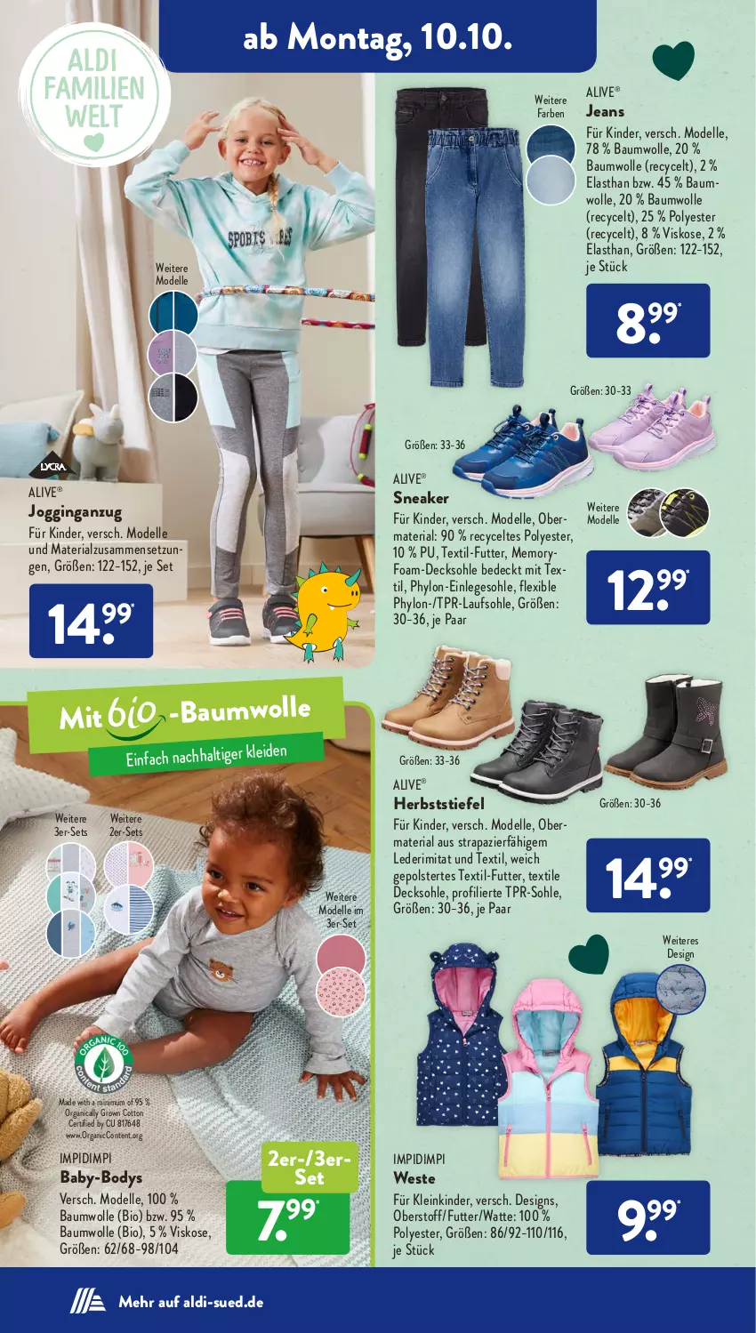 Aktueller Prospekt AldiSud - IN ZWEI WOCHEN - von 10.10 bis 15.10.2022 - strona 8 - produkty: aldi, Anzug, Bau, baumwolle, bio, body, decksohle, dell, elle, gin, Hylo, jeans, Kinder, Mode, Ria, sneaker, Ti, Weste, wolle