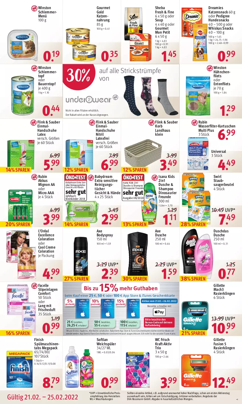 Aktueller Prospekt Rossmann - Prospekte - von 21.02 bis 25.02.2022 - strona 12 - produkty: akku, angebot, angebote, Apple, auer, axe, babydream, Bau, Bauer, beutel, body, bodyspray, buch, creme, dreamies, duschdas, dusche, eis, elle, ente, erde, Facelle, filet, filets, Finish, gillette, gourmet gold, handschuhe, hundesnack, hundesnacks, isana, katzennahrung, katzensnack, Kinder, korb, kraft, mac, mach3, pedigree, Rasierklinge, rasierklingen, Reinigung, reinigungstücher, reis, Ria, Rubin, rwe, sana, schuhe, shampoo, sheba, slip, slipeinlagen, snack, snacks, Softlan, spülmaschinen, spülmaschinentabs, staubsauger, staubsaugerbeutel, strümpfe, swirl, teller, Ti, topf, tücher, wasser, wasserfilter, wc frisch, weichspüler, whiskas