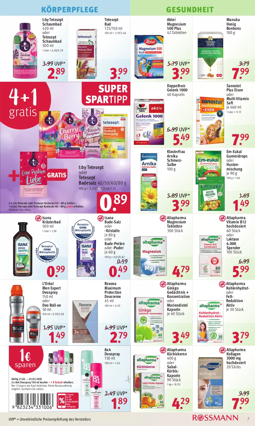 Aktueller Prospekt Rossmann - Prospekte - von 21.02 bis 25.02.2022 - strona 7 - produkty: Abtei, Altapharma, Bad, bonbons, coupon, creme, deo, deo roll-on, Deocreme, deospray, deospray 150 ml, doppelherz, eis, elle, Gesundheit, gin, honig, isana, Kollagen, körperpflege, kräuter, Kürbis, kürbiskerne, magnesium, Manuka Honig, nuk, oder deo roll-on, perlen, reis, rexona, roll-on, saft, salz, sana, Sanostol, schaumbad, spartipp, tablet, tablett, Tablette, teller, Ti, Tiere, vita, Vitamin B