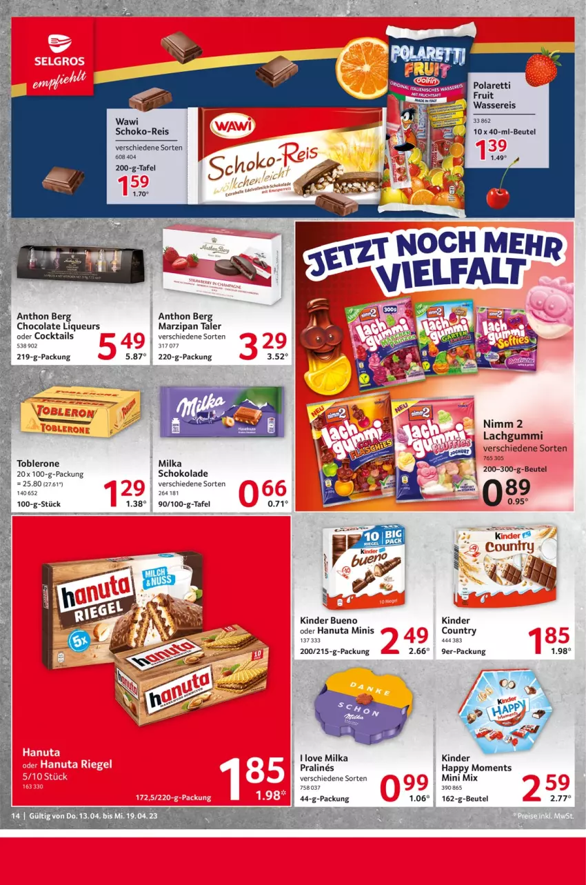 Aktueller Prospekt Selgros - Food - von 13.04 bis 19.04.2023 - strona 14 - produkty: beutel, cocktail, cocktails, cola, eis, hanuta, Kinder, kinder bueno, lachgummi, liqueur, marzipan, milka, Nimm 2, reis, schoko, schokolade, Ti, toblerone, wasser, wassereis