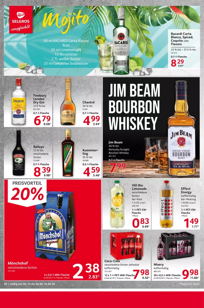 Aktueller Prospekt Selgros - Food - von 13.04 bis 19.04.2023 - strona 18 - produkty: bacardi, baileys, bio, bourbon, bourbon whiskey, coca-cola, cola, dry gin, Effect, eis, finsbury, flasche, gin, jim beam, kentucky straight, limo, limonade, london dry, london dry gin, Mixer, mixery, mw-flasche, preisvorteil, reis, Soda, Ti, tuc, wasser, whiskey, zucker