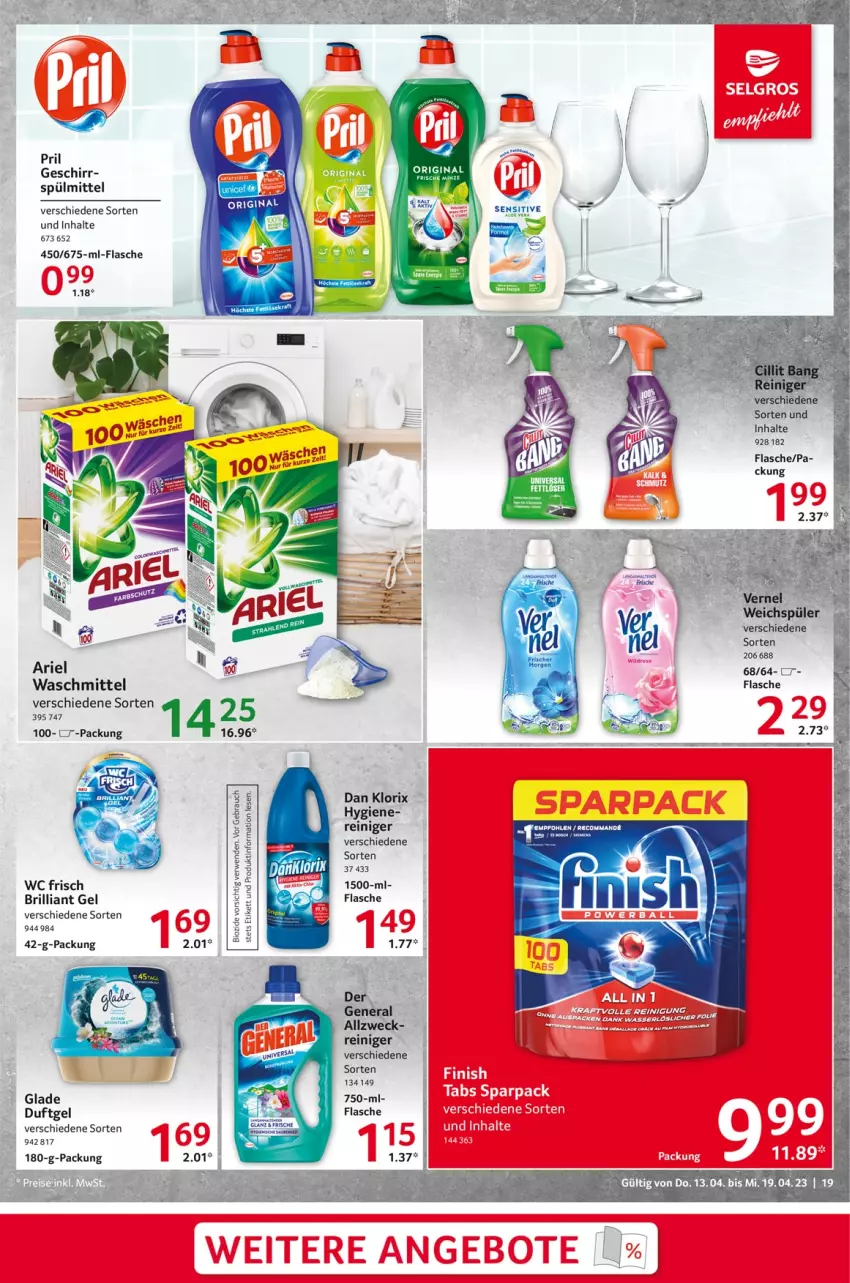 Aktueller Prospekt Selgros - Food - von 13.04 bis 19.04.2023 - strona 19 - produkty: aloe vera, ariel, ariel waschmittel, bio, flasche, geschirr, Glade, pril, Rauch, reiniger, rwe, spülmittel, tee, Ti, waschmittel, wc frisch, weck, weichspüler