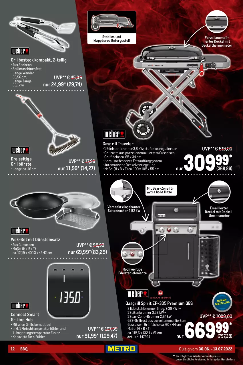 Aktueller Prospekt Metro - BBQ Spezial - von 30.06 bis 13.07.2022 - strona 12 - produkty: auto, Bau, besteck, bürste, decke, Deckel, edelstahl, eis, Elektro, elle, ente, fleisch, gasgrill, grill, grillfläche, grillrost, Kocher, lack, LG, reis, riegel, saft, Schal, Schale, Schutzschild, spülmaschinen, steak, steaks, teller, thermometer, Ti, timer, tisch, wok