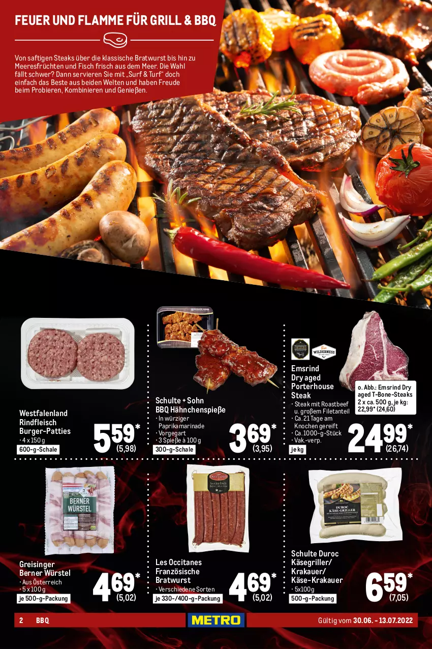 Aktueller Prospekt Metro - BBQ Spezial - von 30.06 bis 13.07.2022 - strona 2 - produkty: aqua, auer, beef, beutel, bier, Biere, bratwurst, burger, eis, elle, filet, fisch, fleisch, forelle, früchte, früchten, garnelen, grill, Käse, krakauer, lachs, lamm, marinade, meeresfrüchte, Metro, paprika, reis, rel, rind, rindfleisch, roastbeef, rwe, saft, Schal, Schale, Sport, steak, steaks, Surf, Ti, wurst