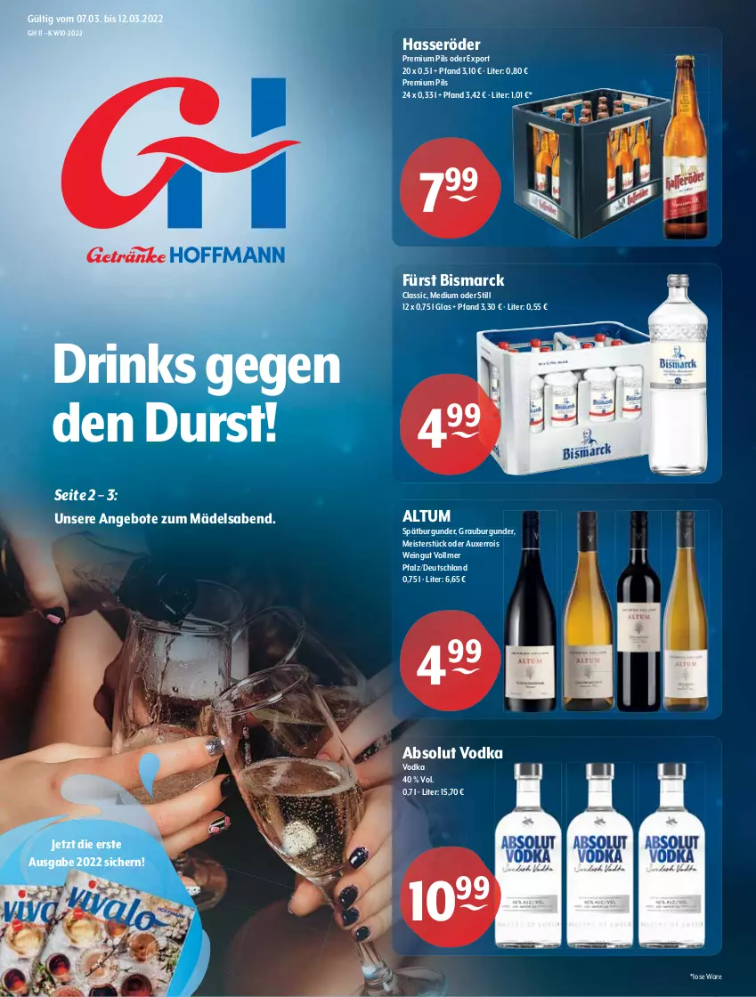 Aktueller Prospekt Getraenke Hoffmann - Prospekte - von 07.03 bis 12.03.2022 - strona 1 - produkty: Absolut Vodka, angebot, angebote, bismarck, burgunder, drink, drinks, eis, grauburgunder, hasseröder, Meister, pils, premium pils, spätburgunder, Ti, vodka, wein