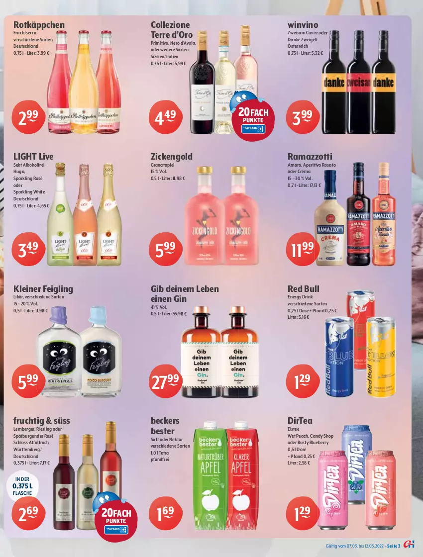 Aktueller Prospekt Getraenke Hoffmann - Prospekte - von 07.03 bis 12.03.2022 - strona 3 - produkty: alkohol, amaro, aperitivo rosato, apfel, Beckers Bester, Berger, blueberry, Blutorange, Bundaberg, burgunder, cuvée, drink, ecco, eis, eistee, energy drink, flasche, franziskaner, frucht, fruchtsecco, gin, ginger, gösser, grana, granatapfel, holunder, hugo, kleiner feigling, leine, likör, natur, natur radler, Nektar, nero, orange, pils, pilsener, primitivo, radler, rama, ramazzott, ramazzotti, Rana, red bull, riesling, rosato, rotkäppchen, saft, sekt, spätburgunder, tee, Ti, veltins, zitrone, zott, Zweigelt