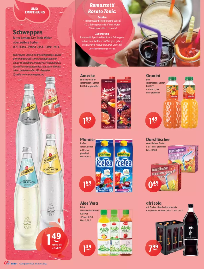 Aktueller Prospekt Getraenke Hoffmann - Prospekte - von 07.03 bis 12.03.2022 - strona 4 - produkty: Afri Cola, aloe vera, Alwa, amecke, aperitivo rosato, bitter lemon, coca-cola, cola, drink, durstlöscher, eis, eistee, eiswürfel, elle, fuze tea, garnier, gin, granini, hero, ice tea, limette, limetten, limo, mac, Mett, metten, mineralwasser, natürliches mineralwasser, Nektar, nuss, pfanne, Pfanner, pfirsich, rama, ramazzott, ramazzotti, rosato, rwe, saft, schwarzer tee, schweppes, tee, Ti, tonic, tonic water, wasser, wein, würfel, zitrone, zott, zucker