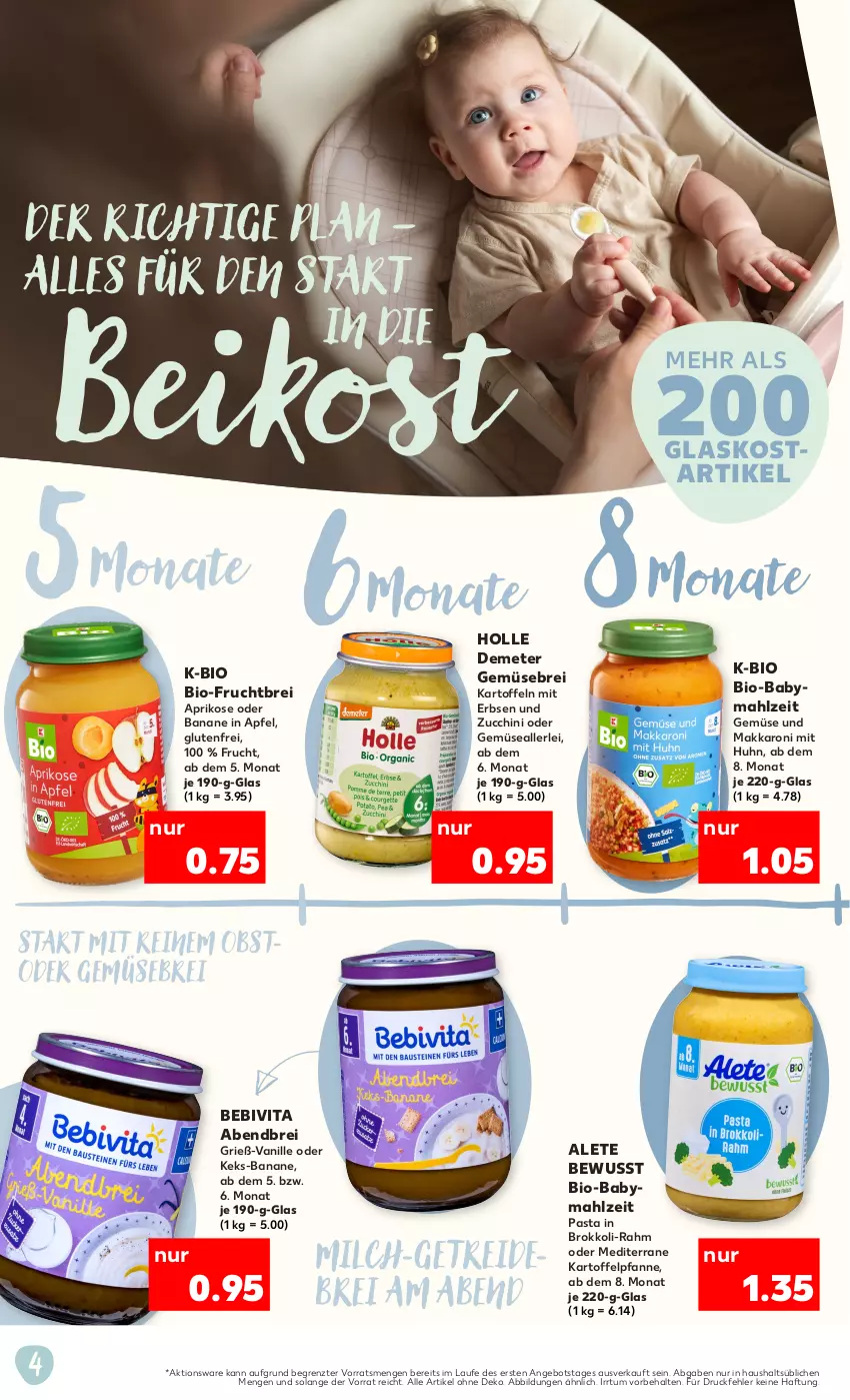 Aktueller Prospekt Kaufland - Kaufland - von 10.10 bis 06.11.2024 - strona 4 - produkty: angebot, apfel, aprikose, banane, bebivita, bio, Brei, brokkoli, erbsen, frucht, kartoffel, kartoffeln, keks, milch, obst, pasta, pfanne, Ti, vanille, vita, ZTE, zucchini