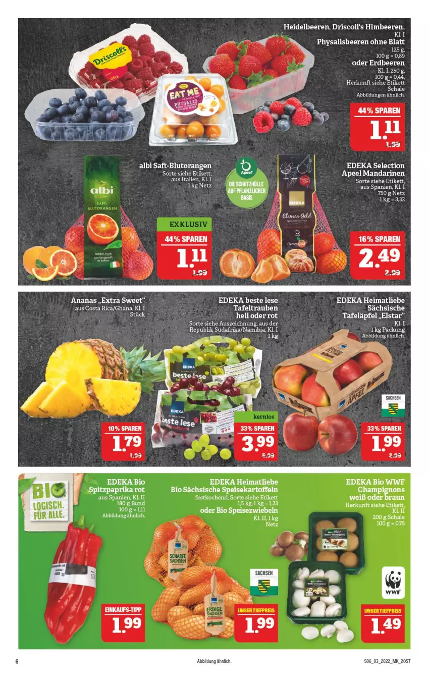 Aktueller Prospekt Marktkauf - Prospekt - von 16.01 bis 22.01.2022 - strona 10 - produkty: ananas, Bau, beere, beeren, bio, Blutorange, braun, champignon, champignons, deka, driscoll's, edeka bio, eis, ente, heidelbeere, heidelbeeren, himbeer, himbeere, himbeeren, kartoffel, kartoffeln, mandarine, mandarinen, orange, orangen, paprika, paprika rot, Physalis, saft, speisekartoffeln, Speisezwiebeln, Spitzpaprika, tafeläpfel, tafeltrauben, Ti, trauben, zwiebel, zwiebeln