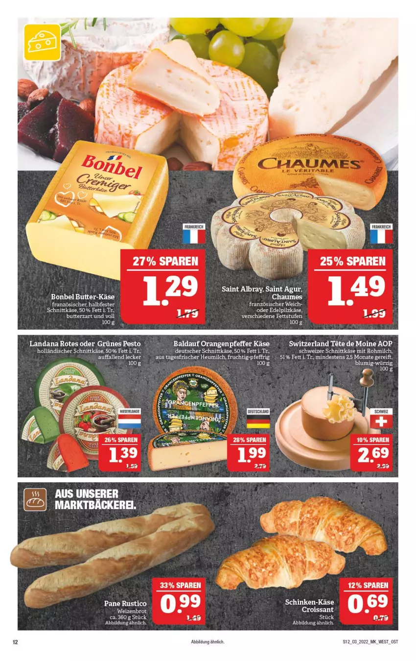 Aktueller Prospekt Marktkauf - Prospekt - von 16.01 bis 22.01.2022 - strona 16 - produkty: albray, bonbel, brot, butter, chaumes, Croissant, deutscher schnittkäse, halbfester schnittkäse, Heu, heumilch, holländischer schnittkäse, HP, Käse, LG, milch, orange, orangen, pesto, pfeffer, Saint Agur, saint albray, schinken, schnittkäse, schweizer schnittkäse, Ti, Weizenbrot