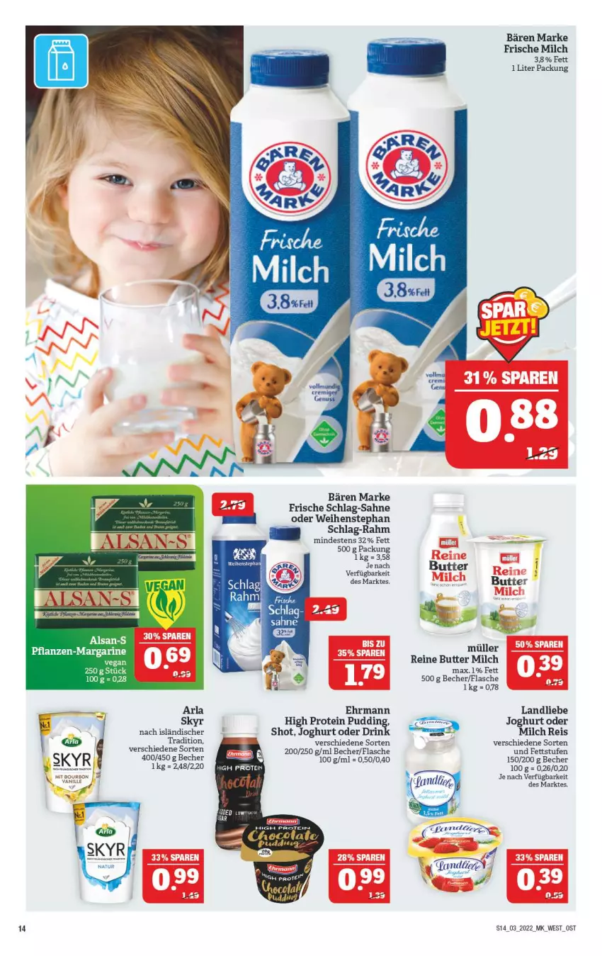 Aktueller Prospekt Marktkauf - Prospekt - von 16.01 bis 22.01.2022 - strona 18 - produkty: arla, auer, Becher, butter, cola, ehrmann, eis, flasche, frische milch, joghur, joghurt, landliebe, landliebe joghurt, margarine, milch, Müller, natur, pflanze, pflanzen, pudding, reis, sahne, Skyr, Ti, weihenstephan