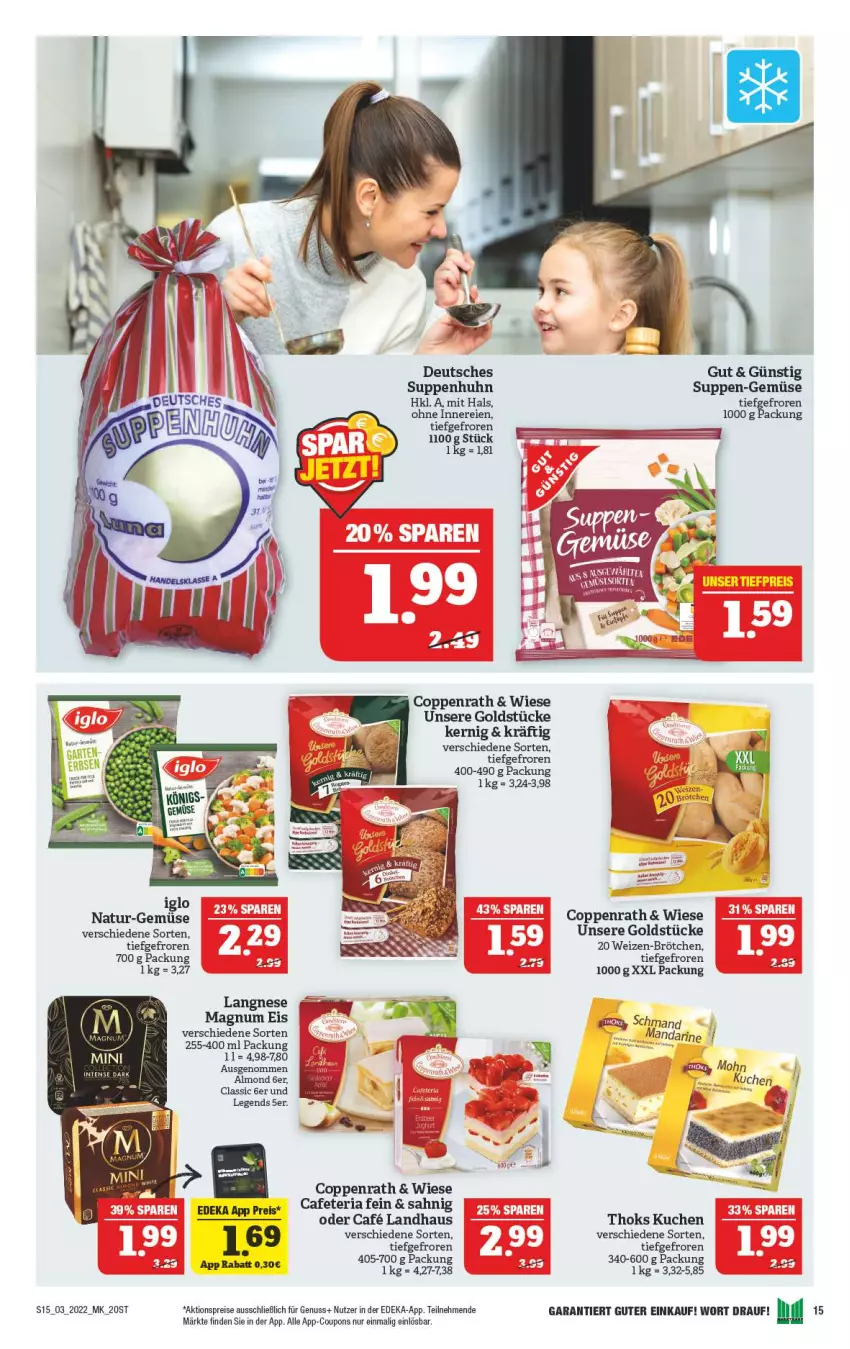 Aktueller Prospekt Marktkauf - Prospekt - von 16.01 bis 22.01.2022 - strona 19 - produkty: aktionspreis, brötchen, coppenrath, coupon, coupons, deka, eis, Goldstücke, kuchen, langnese, magnum, mandarine, natur, nuss, reis, Ria, suppe, suppen, Suppenhuhn, Ti