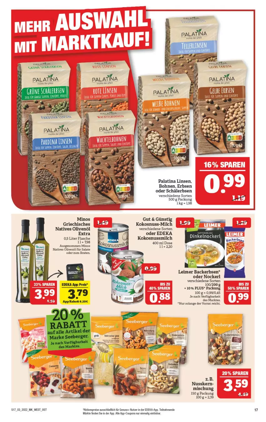 Aktueller Prospekt Marktkauf - Prospekt - von 16.01 bis 22.01.2022 - strona 21 - produkty: aktionspreis, bohne, bohnen, braten, coupon, coupons, deka, eimer, eis, erbsen, flasche, kokos, kokosnuss, Kokosnussmilch, leimer, linsen, milch, natives olivenöl, nuss, olive, oliven, olivenöl, reis, salat, salate, Ti