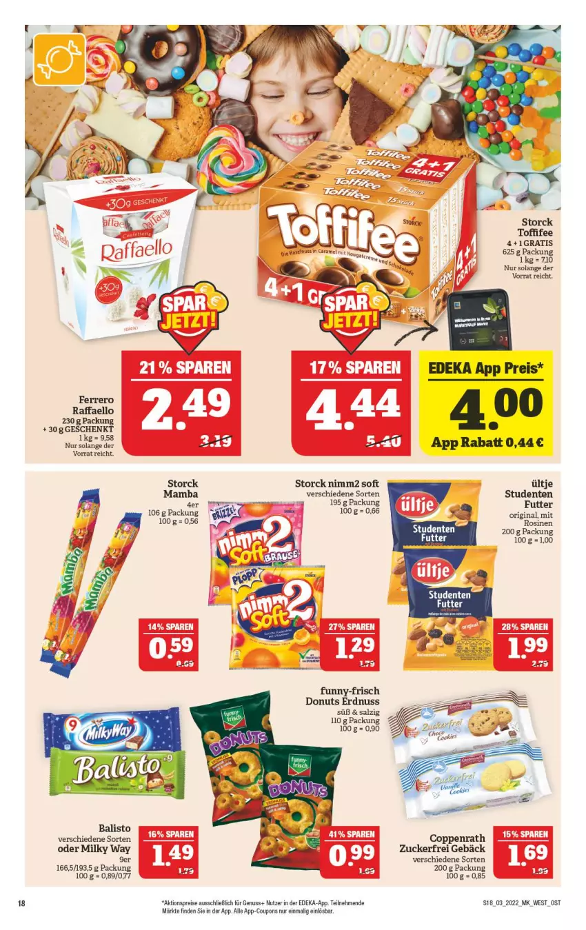 Aktueller Prospekt Marktkauf - Prospekt - von 16.01 bis 22.01.2022 - strona 22 - produkty: aktionspreis, balisto, coppenrath, coupon, coupons, deka, Donut, donuts, eis, ente, erdnuss, ferrero, funny-frisch, gin, mam, milky way, nimm2, nuss, raffaello, reis, salz, storck, Ti, toffifee, ültje, zucker