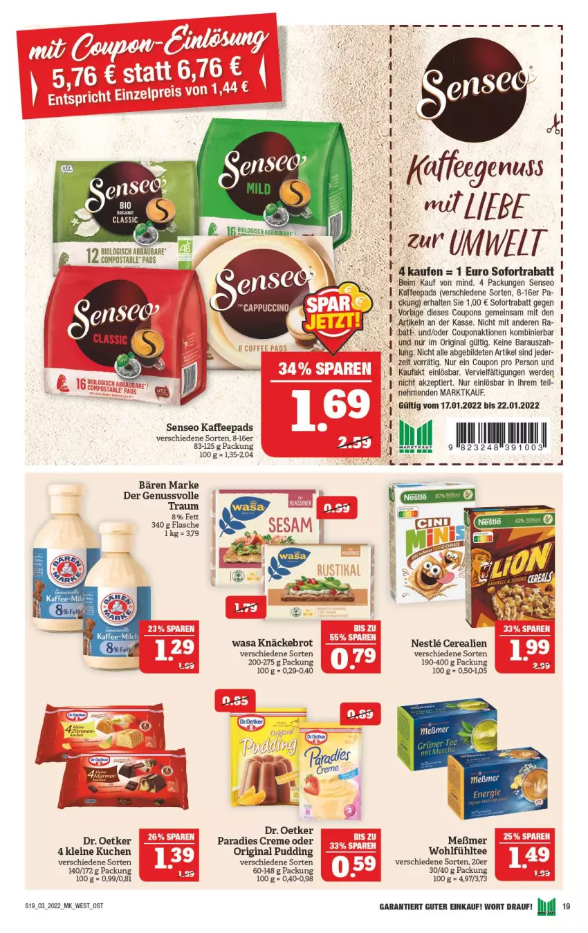 Aktueller Prospekt Marktkauf - Prospekt - von 16.01 bis 22.01.2022 - strona 23 - produkty: asus, bio, brot, cerealien, coupon, coupons, creme, Dr. Oetker, erde, flasche, gin, kaffee, kaffeepads, knäckebrot, kuchen, leine, Meßmer, nuss, Paradies Creme, pudding, senseo, sofortrabatt, tee, Ti, wasa, Yo