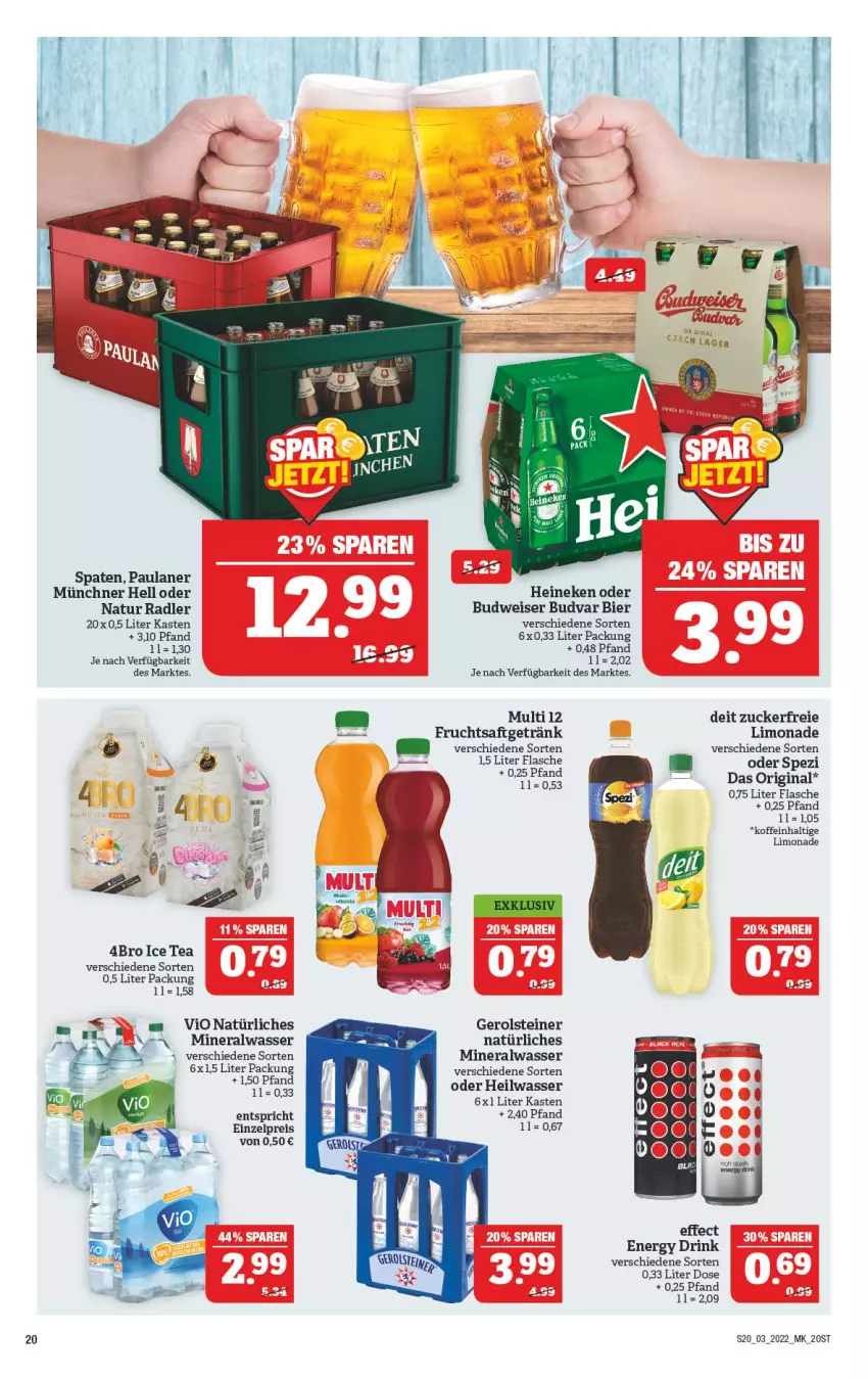 Aktueller Prospekt Marktkauf - Prospekt - von 16.01 bis 22.01.2022 - strona 24 - produkty: Alwa, bier, budweiser, deit, drink, Effect, eis, energy drink, flasche, frucht, fruchtsaft, fruchtsaftgetränk, gerolsteine, gerolsteiner, getränk, gin, heineken, ice tea, limo, limonade, mineralwasser, natur, natur radler, Paula, paulaner, radler, reis, saft, Spaten, Spezi, steiner, Ti, wasser, zucker