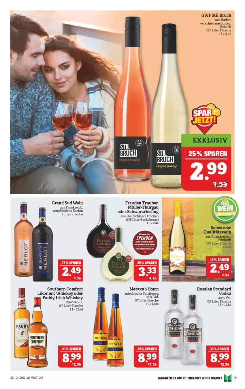 Aktueller Prospekt Marktkauf - Prospekt - von 16.01 bis 22.01.2022 - strona 25 - produkty: Bad, beutel, flasche, grand sud, irish whiskey, Kinder, likör, merl, merlot, Metaxa, Müller, Müller-Thurgau, riesling, russian standard, schwarzriesling, Southern Comfort, Ti, trauben, vodka, wein, whiskey