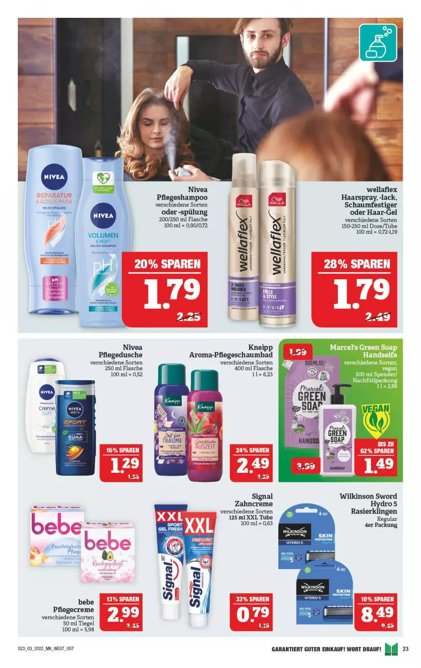 Aktueller Prospekt Marktkauf - Prospekt - von 16.01 bis 22.01.2022 - strona 27 - produkty: Bad, Bebe, creme, dusche, flasche, haarspray, kneipp, lack, nivea, Pflegecreme, pflegedusche, Rasierklinge, rasierklingen, schaumbad, schaumfestiger, shampoo, Signal, spülung, tender, Ti, Wella, wellaflex, wilkinson, zahncreme