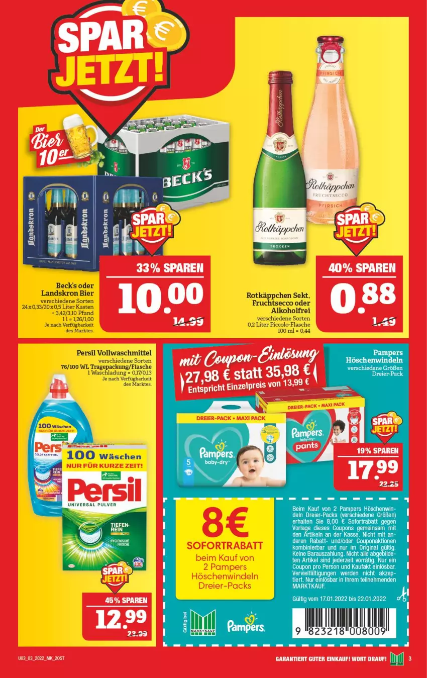 Aktueller Prospekt Marktkauf - Prospekt - von 16.01 bis 22.01.2022 - strona 3 - produkty: alkohol, beck's, bier, coupon, coupons, ecco, eier, erde, flasche, frucht, fruchtsecco, pampers, persil, rotkäppchen, sekt, sofortrabatt, Ti, vollwaschmittel, waschmittel, windeln