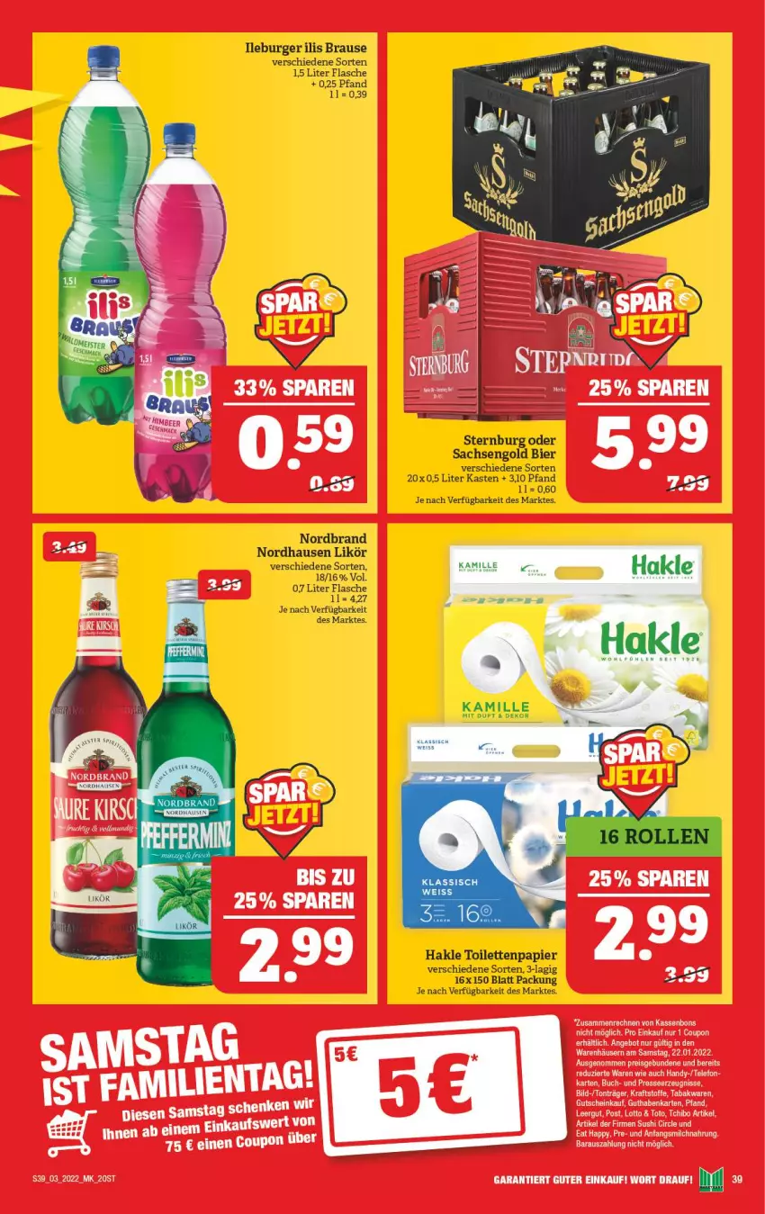 Aktueller Prospekt Marktkauf - Prospekt - von 16.01 bis 22.01.2022 - strona 43 - produkty: bier, brause, buch, burger, coupon, flasche, guthabenkarte, gutschein, hakle, hakle toilettenpapier, Handy, Kamill, kamille, kraft, likör, milch, nordbrand, papier, sac, Sternburg, Sushi, telefon, Ti, toilettenpapier