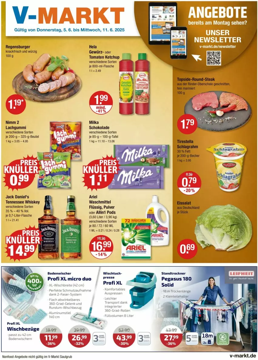Aktueller Prospekt Vmarkt - Prospekte - von 05.06 bis 11.06.2025 - strona 1 - produkty: angebot, angebote, ariel, ariel waschmittel, asus, beutel, bodenwischer, Brei, burger, flasche, gewürz, Hela, jack daniel, jack daniel's, ketchup, lachgummi, LG, milka, milka schokolade, Nimm 2, Pods, regensburger, schoko, schokolade, Sport, tennessee whiskey, Ti, tomate, tomaten, tomaten ketchup, Trockner, tuc, waschmittel, whiskey
