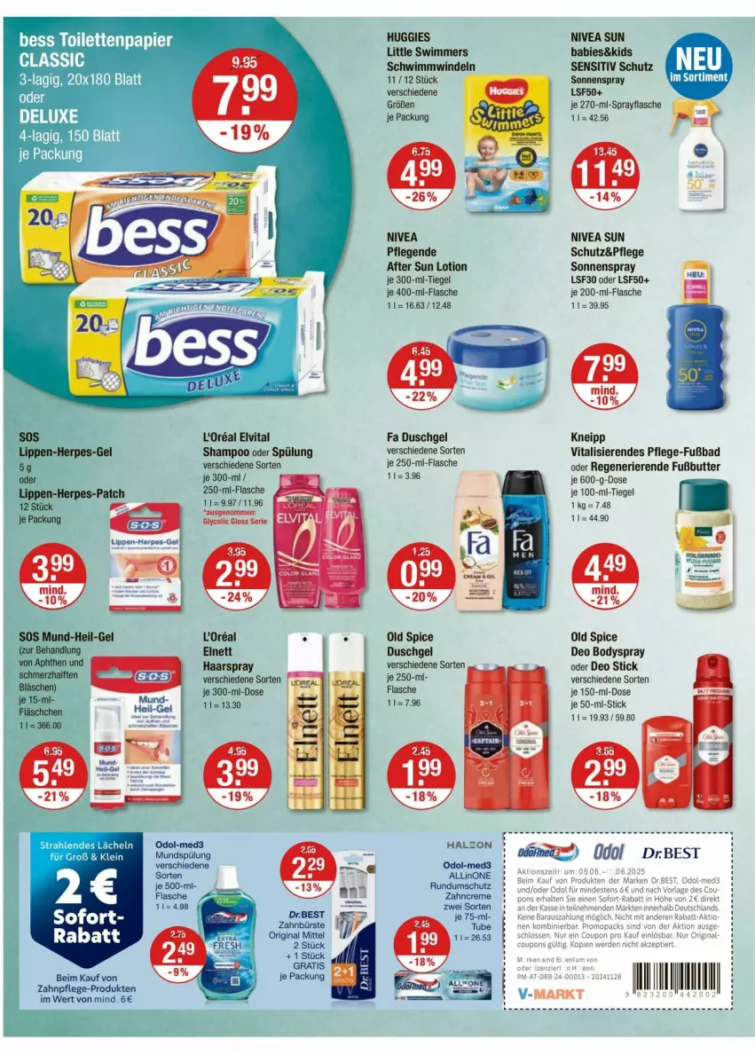 Aktueller Prospekt Vmarkt - Prospekte - von 05.06 bis 11.06.2025 - strona 10 - produkty: after sun, Bad, body, bodyspray, bürste, butter, deo, duschgel, elnett, elvital, fa duschgel, flasche, gin, haarspray, Huggies, kneipp, loreal, Lotion, mundspülung, nivea, nivea sun, Odol, Old Spice, papier, shampoo, shampoo oder spülung, sonnenspray, spülung, Sun Lotion, Ti, toilettenpapier, vita, vitalis, windeln, zahnbürste