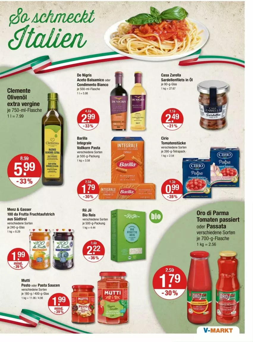 Aktueller Prospekt Vmarkt - Prospekte - von 05.06 bis 11.06.2025 - strona 13 - produkty: aceto, aceto balsamico, aufstrich, balsam, balsamico, barilla, bio, cirio, condimento, Condimento Bianco, dell, eis, elle, ente, filet, filets, flasche, frucht, fruchtaufstrich, gin, korn, Mutti, olive, oliven, olivenöl, olivenöl extra, oro di parma, pasta, Pasta Sauce, pesto, reis, rel, Sardellen, sauce, saucen, Ti, tomate, tomaten, Tomaten Passiert, Tomatenstücke