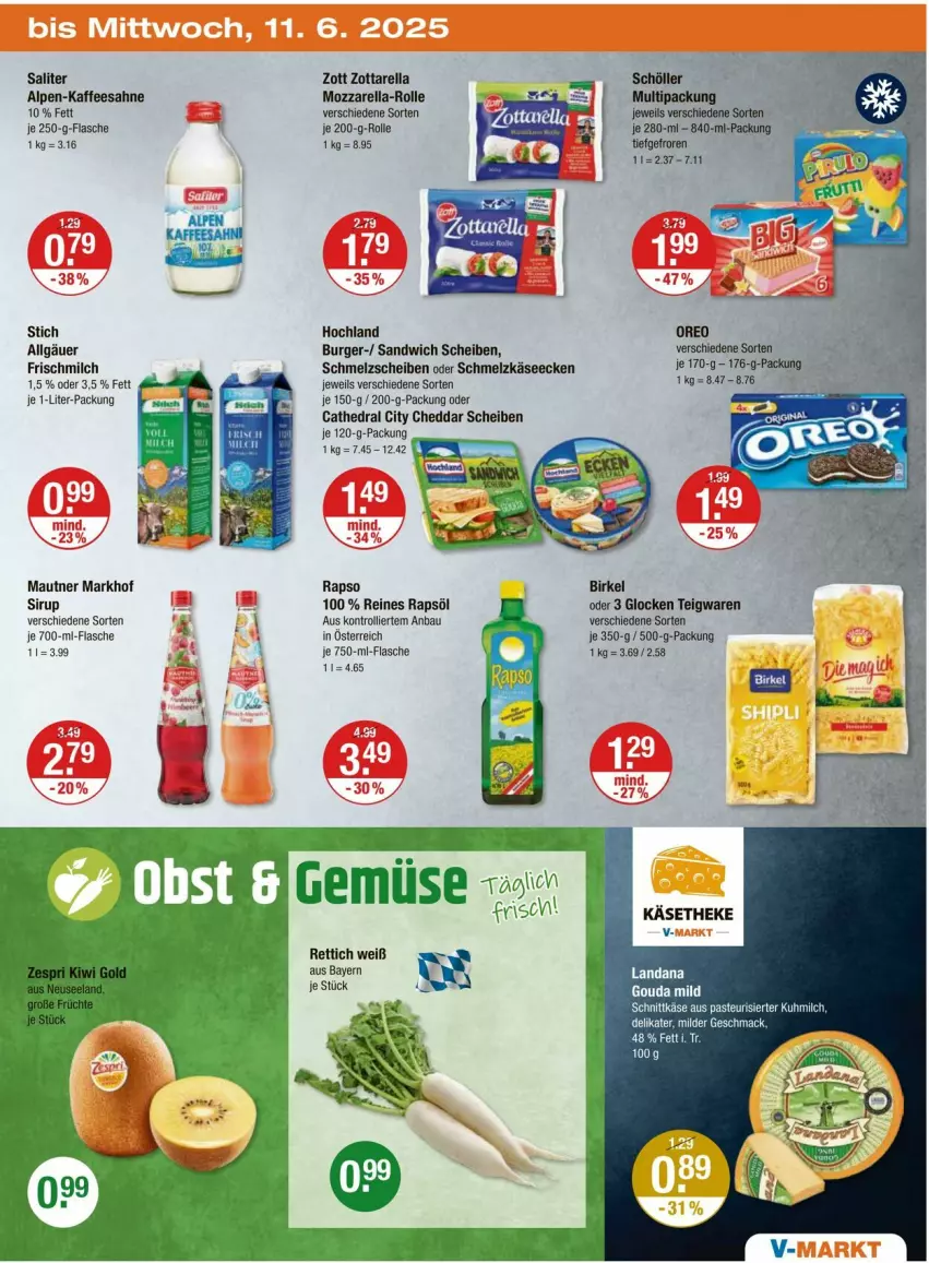 Aktueller Prospekt Vmarkt - Prospekte - von 05.06 bis 11.06.2025 - strona 23 - produkty: Bau, birkel, burger, cheddar, flasche, gouda, hochland, kaffee, Käse, käsetheke, LG, mac, Mautner, milch, mozzarella, rapso, rapsöl, reines rapsöl, rel, Rettich, sahne, saliter, sandwich, Schmelzkäse, schnittkäse, sirup, teigwaren, Ti, trolli, zott, zottarella