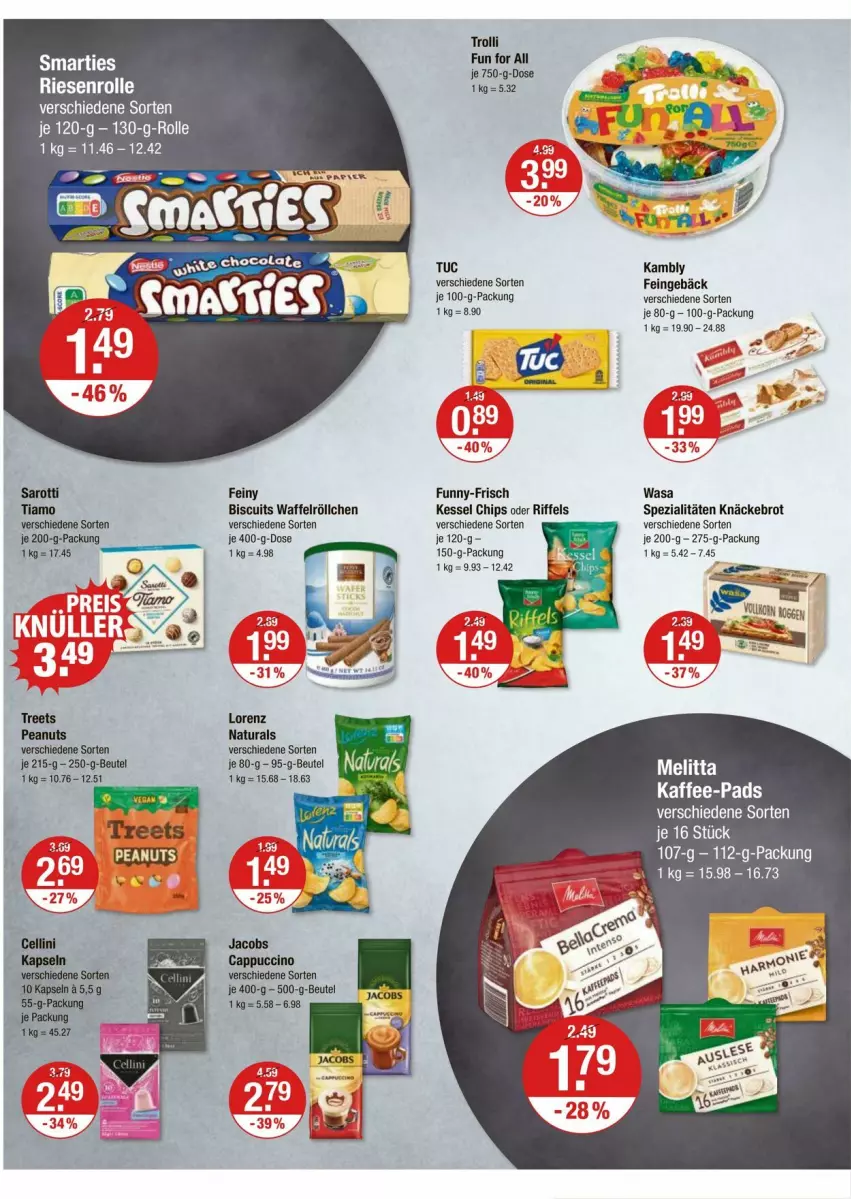 Aktueller Prospekt Vmarkt - Prospekte - von 05.06 bis 11.06.2025 - strona 8 - produkty: beutel, brot, Cap, cappuccino, chips, cin, funny-frisch, jacobs, kaffee, kaffee-pads, knäckebrot, lorenz, melitta, natur, natura, saro, sarotti, smarties, Spezi, Ti, trolli, tuc, Waffelröllchen, wasa