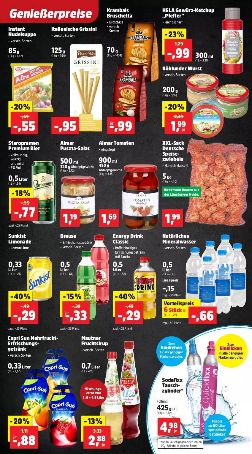 Aktueller Prospekt Thomas Philipps - von 13.04 bis 18.04.2026 - strona 19 - produkty: Alwa, auer, Bau, Bauer, bier, böklunder, brause, brot, burger, Cap, chips, drink, eis, energy drink, erfrischungsgetränk, frucht, getränk, getränke, gewürz, grissini, Hela, ketchup, limo, limonade, Mautner, mineralwasser, natürliches mineralwasser, nudel, pfeffer, reis, sac, salat, sirup, Soda, Speisezwiebeln, Sprudel, Staropramen, suppe, Ti, tomate, tomaten, vorteilspreis, wasser, wurst, zwiebel, zwiebeln