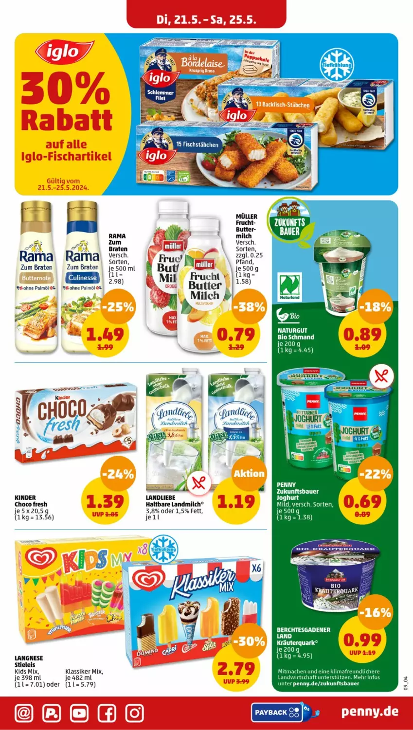 Aktueller Prospekt Penny - Prospekte - von 20.05 bis 25.05.2024 - strona 15 - produkty: auer, Bau, Bauer, bio, braten, butter, choco fresh, eis, frucht, Kinder, kräuter, landliebe, landmilch, langnese, mac, milch, natur, ohne palmöl, quark, rama, schmand, stieleis, Ti