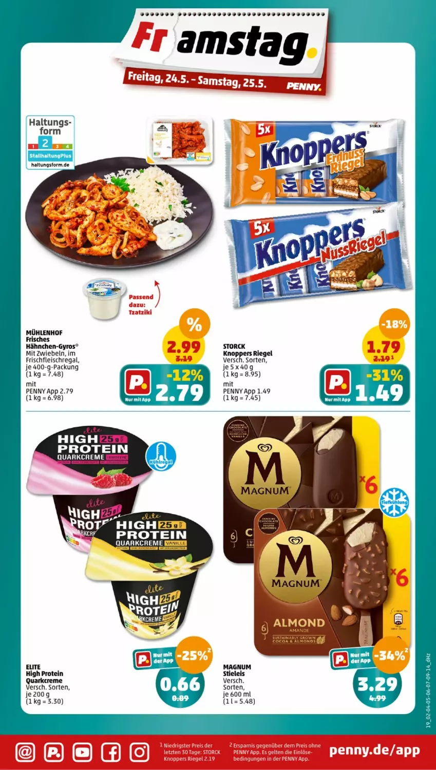 Aktueller Prospekt Penny - Prospekte - von 20.05 bis 25.05.2024 - strona 7 - produkty: creme, eis, fleisch, gyros, knoppers, magnum, mit zwiebeln, quark, regal, riegel, stieleis, storck, Ti, zwiebel, zwiebeln