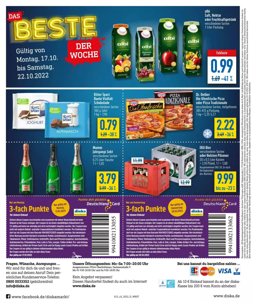 Aktueller Prospekt Diska - Prospekte - von 17.10 bis 22.10.2022 - strona 12 - produkty: angebot, angebote, buch, coupon, deka, die ofenfrische, eis, ente, erde, flasche, frucht, fruchtsaft, fruchtsaftgetränk, getränk, guthabenkarte, gutschein, holsten, holsten pilsener, kraft, Nektar, Ofen, pils, pilsener, pizza, pizza tradizionale, sac, saft, sekt, Tchibo, tee, telefon, Ti, tradizionale, uhr