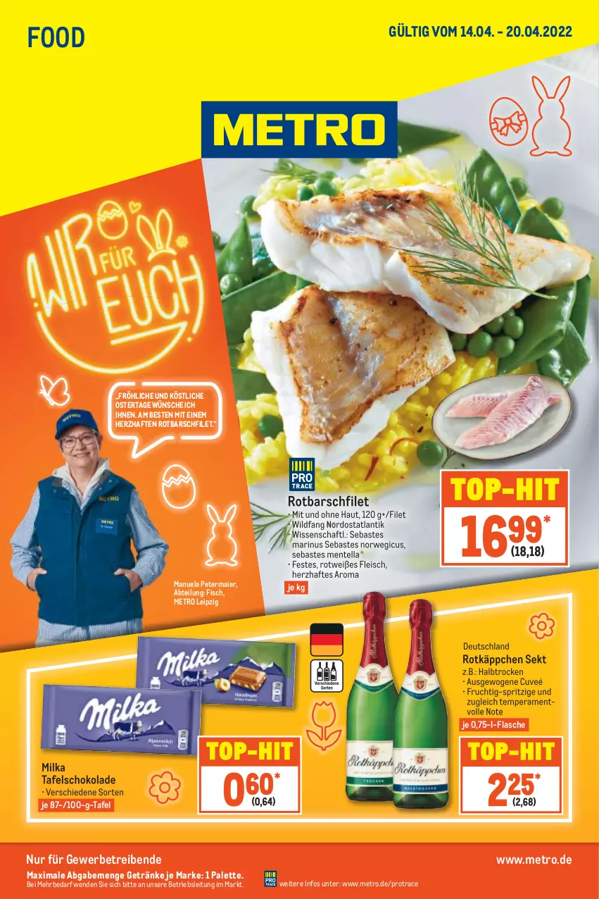 Aktueller Prospekt Metro - Food - von 14.04 bis 20.04.2022 - strona 1 - produkty: Abtei, eis, ente, filet, fisch, flasche, fleisch, frucht, getränk, getränke, Metro, milka, Palette, Rotbarsch, rotbarschfilet, rotkäppchen, rwe, schoko, schokolade, sekt, tafelschokolade, Ti, top-hit, Wild