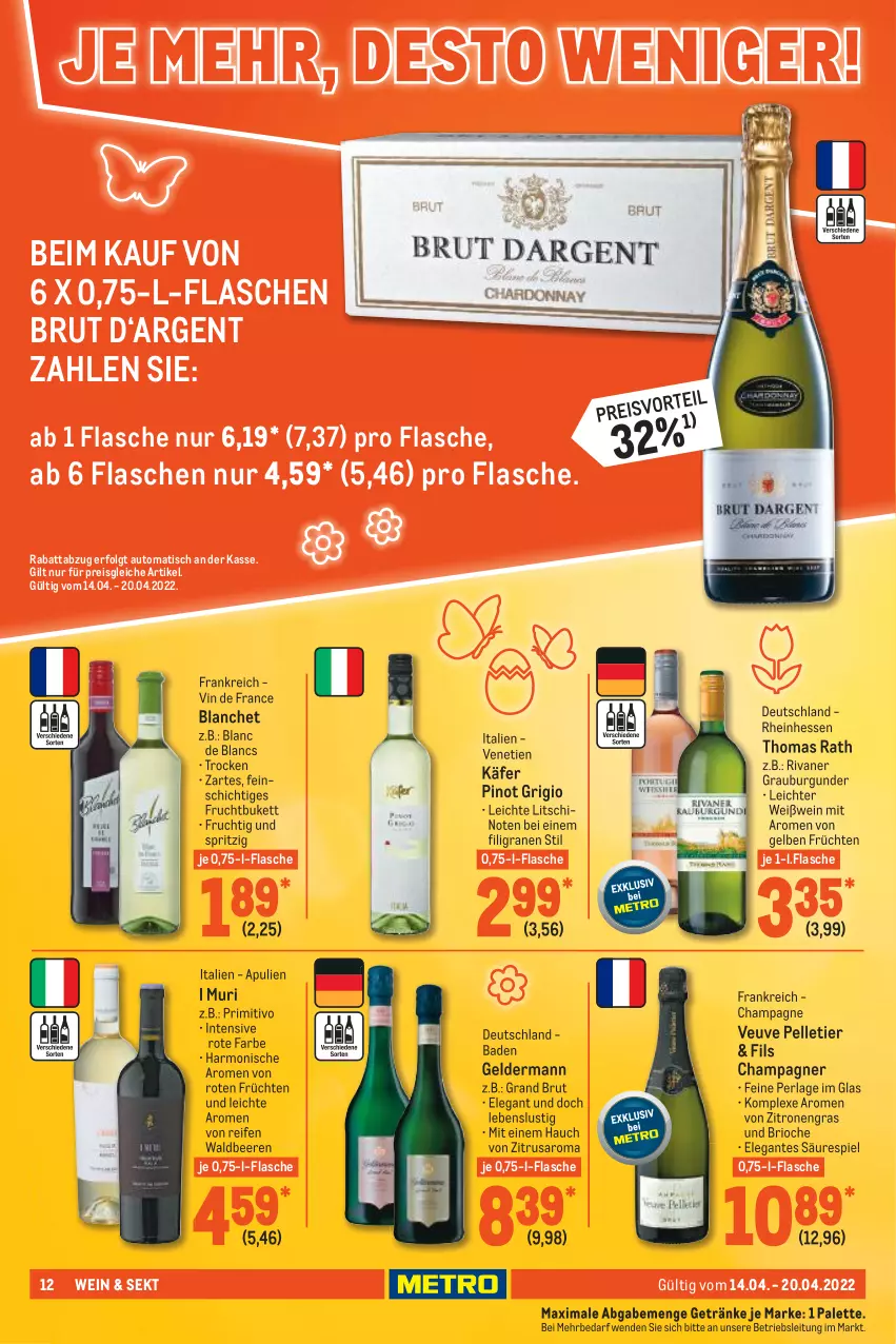 Aktueller Prospekt Metro - Food - von 14.04 bis 20.04.2022 - strona 12 - produkty: auto, Bad, beere, beeren, brut, burgunder, champagne, champagner, de blancs, eis, elle, flasche, frucht, früchte, früchten, geldermann, getränk, getränke, grauburgunder, käfer, LG, Lusti, Palette, perla, Pinot, pinot grigio, primitivo, reifen, reis, Rivaner, saro, sekt, Ti, tisch, vin de france, wein, Weißwein, zitrone, zitronen