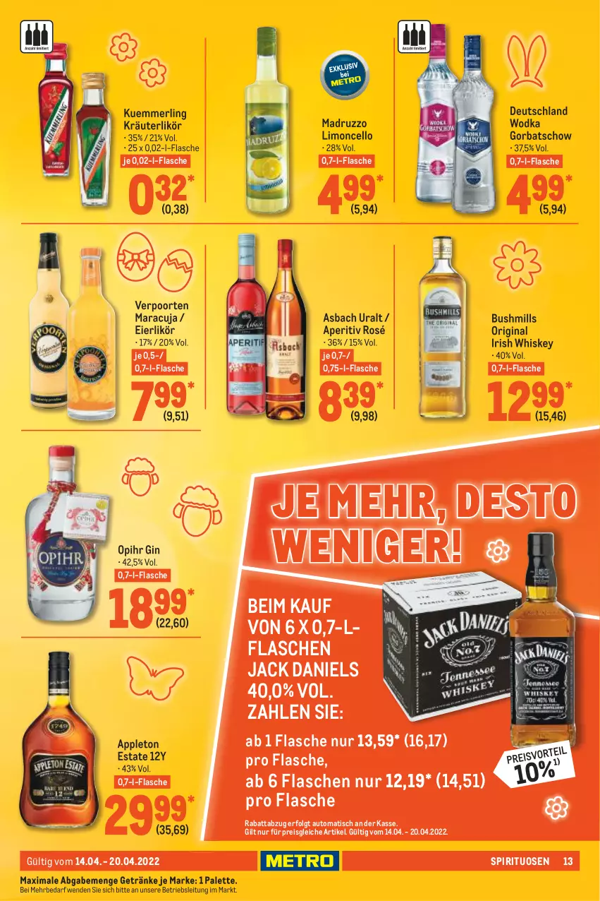 Aktueller Prospekt Metro - Food - von 14.04 bis 20.04.2022 - strona 13 - produkty: Apple, asbach uralt, auto, eier, eierlikör, eis, flasche, getränk, getränke, gin, Gorbatschow, irish whiskey, jack daniel, jack daniels, kräuter, kräuterlikör, kuemmerling, LG, likör, limo, maracuja, merl, Palette, reis, spirituosen, Ti, tisch, verpoorten, whiskey, wodka