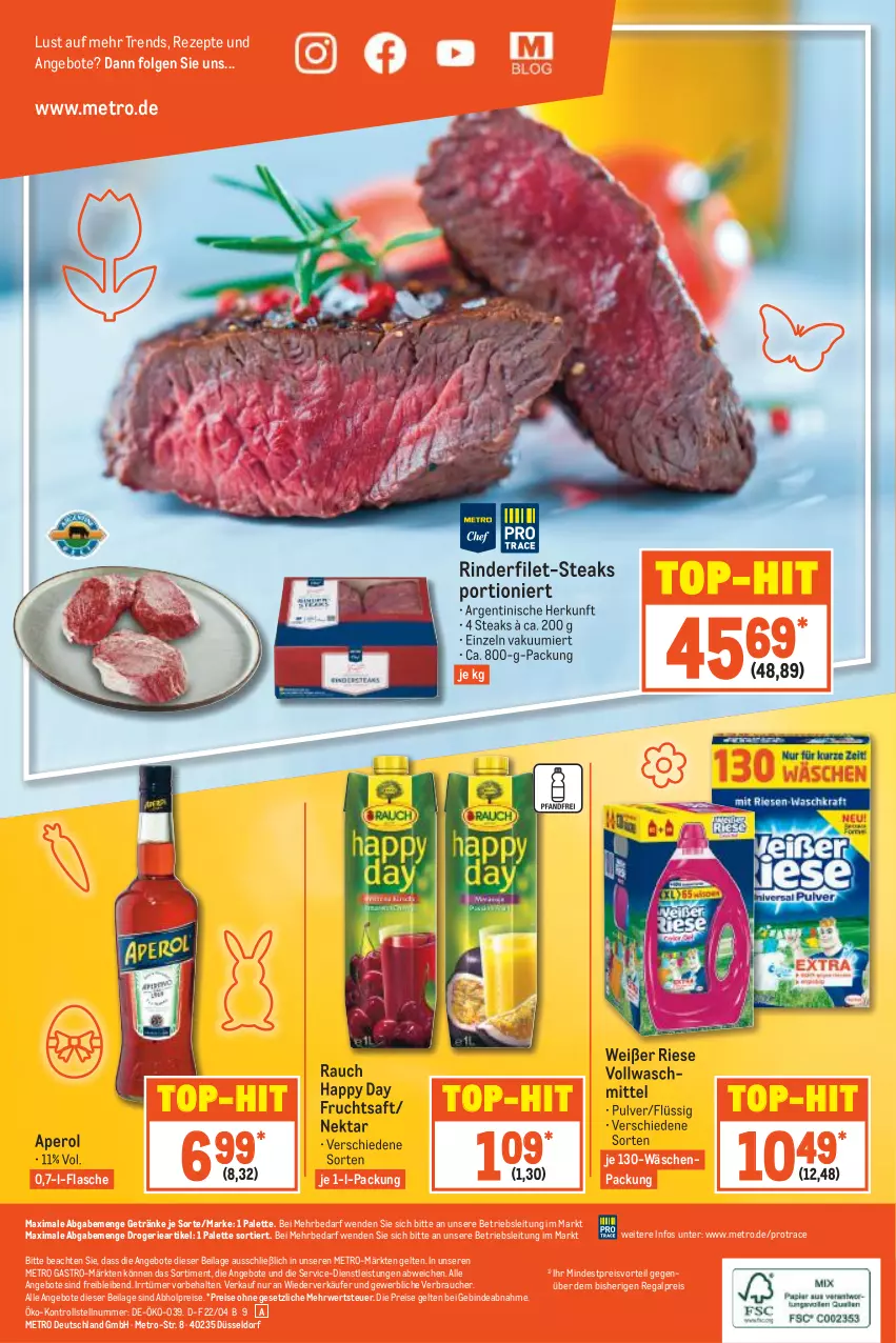 Aktueller Prospekt Metro - Food - von 14.04 bis 20.04.2022 - strona 16 - produkty: abholpreise, angebot, angebote, aperol, eis, filet, flasche, frucht, fruchtsaft, getränk, getränke, Happy Day, ilag, LG, Metro, metro gastro, Nektar, Palette, preisvorteil, Rauch, regal, reis, rezept, rezepte, rind, rinder, rinderfilet, rwe, saft, steak, steaks, Ti, top-hit, vollwaschmittel, waschmittel