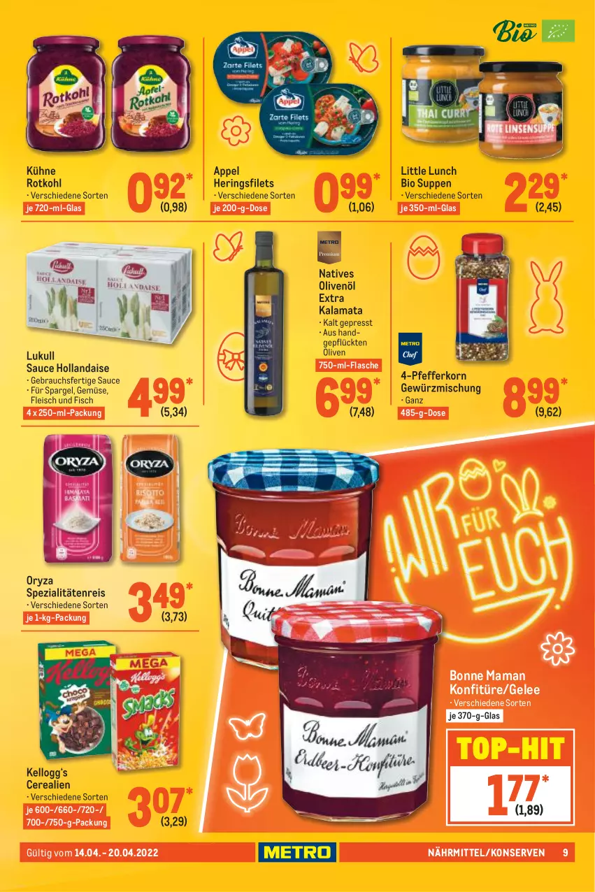 Aktueller Prospekt Metro - Food - von 14.04 bis 20.04.2022 - strona 9 - produkty: bio, bonne maman, cerealien, eis, filet, filets, fisch, flasche, fleisch, gelee, gewürz, Gewürzmischung, hering, Herings, heringsfilets, hollandaise, Kellogg‘s, konfitüre, Konserven, korn, Kühne, lukull, mam, natives olivenöl, olive, oliven, olivenöl, olivenöl extra, oryza, pfeffer, Rauch, reis, ring, rotkohl, sauce, sauce hollandaise, spargel, Spezi, suppe, suppen, Ti, top-hit