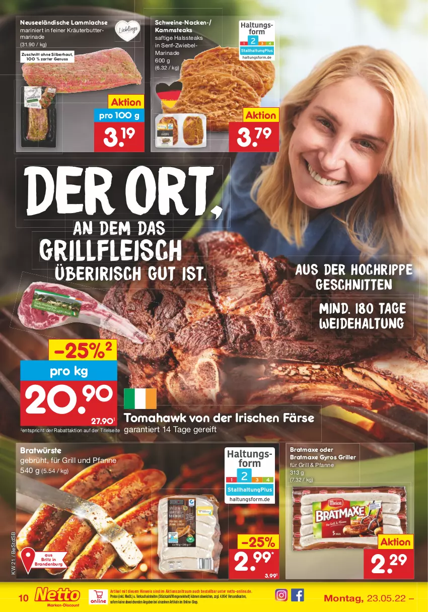 Aktueller Prospekt Netto Marken-Discount - Filial-Angebote - von 23.05 bis 28.05.2022 - strona 10 - produkty: axe, bratmaxe, butter, eis, fleisch, für grill und pfanne, grill, grill und pfanne, gyros, kräuter, kräuterbutter, lachs, lamm, lammlachse, marinade, ndk, nuss, pfanne, reis, saft, schnitten, schwein, schweine, senf, steak, steaks, Ti, und pfanne, wein, weine, zwiebel